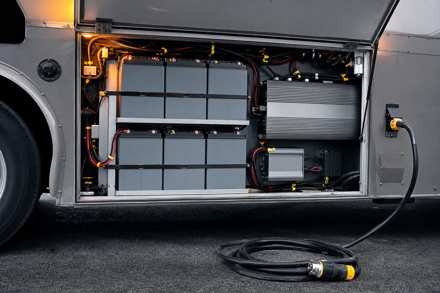 Lithium battery bank and inverter mounted in an open food truck power compartment