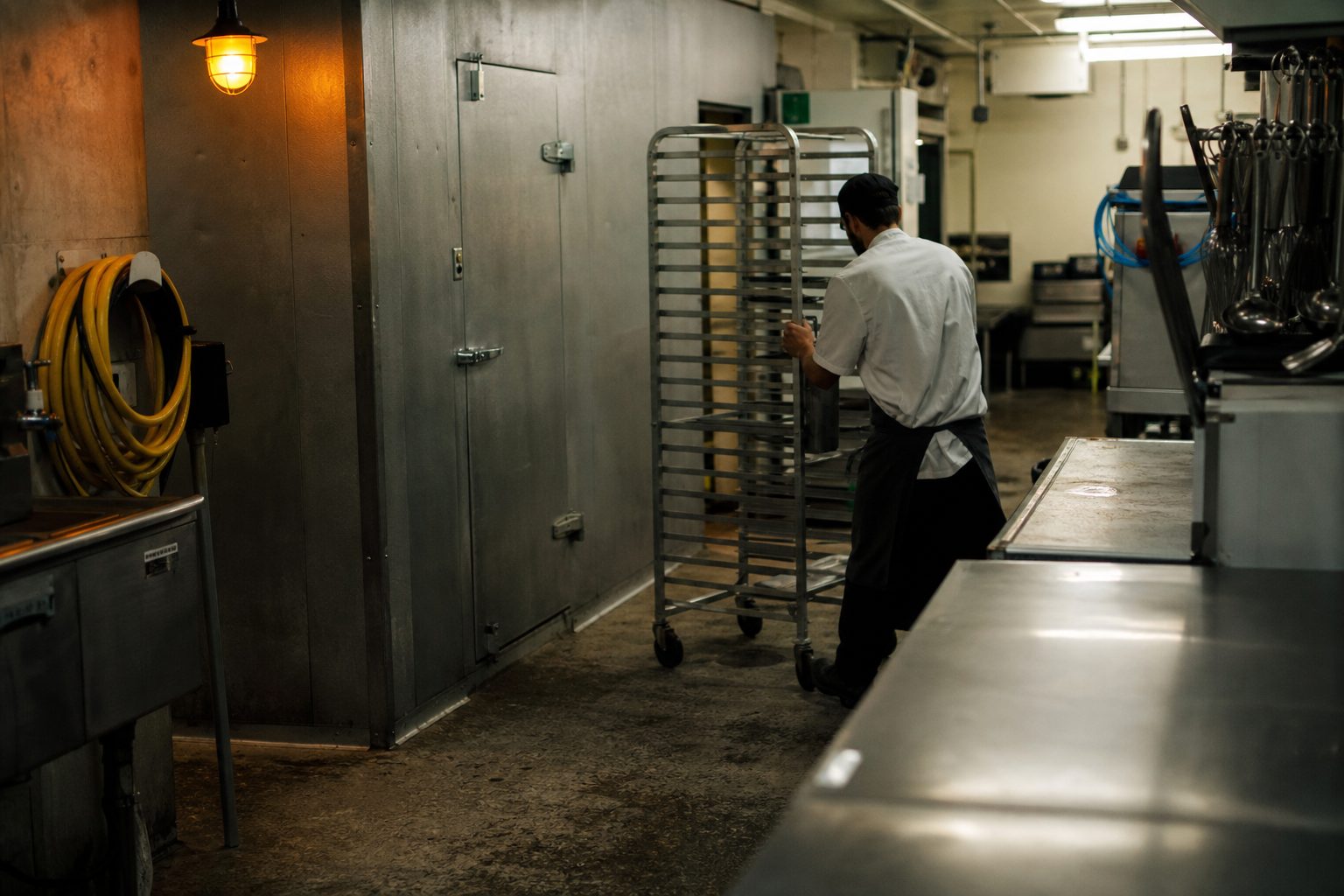 Cook wheeling a stainless speed rack through a shared commissary kitchen before dawn
