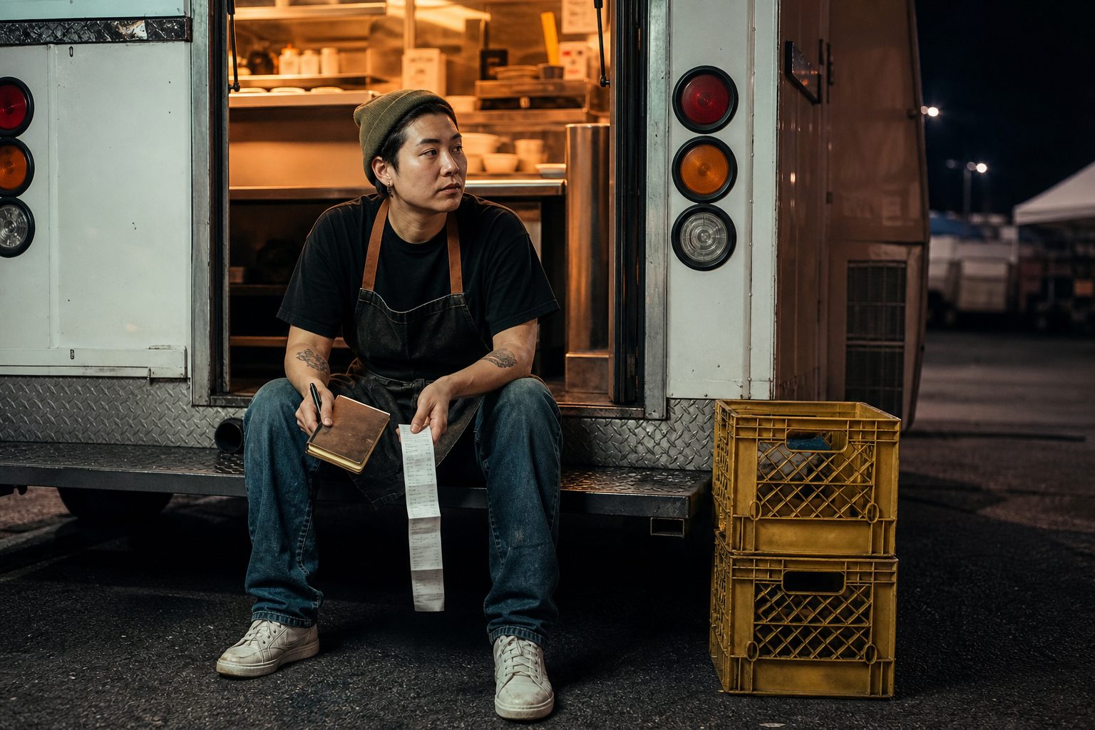 Food truck operator counting the day's tickets on the rear bumper after service