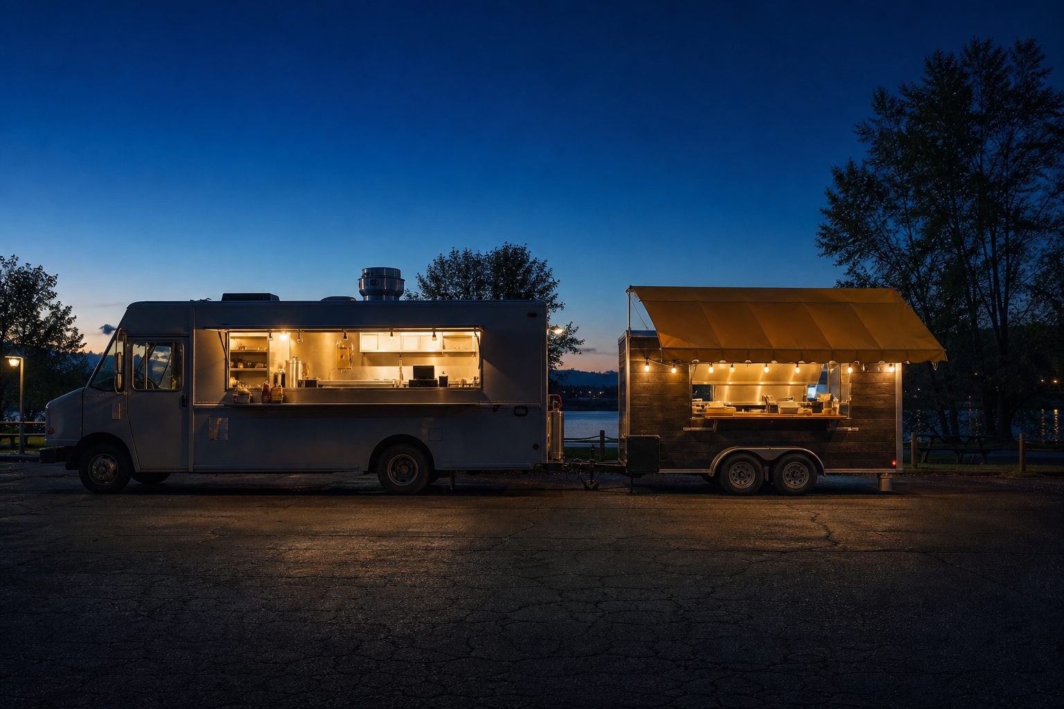 A food truck and a towed concession trailer parked side by side on asphalt at dusk
