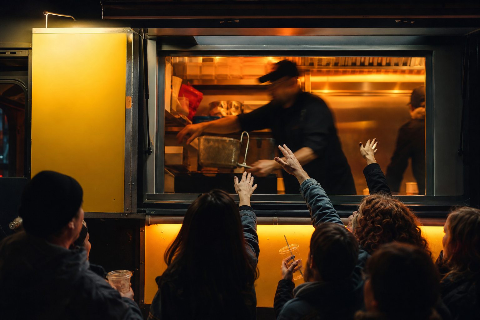 Customers waiting at a brightly lit food truck window while a cook works the fryer