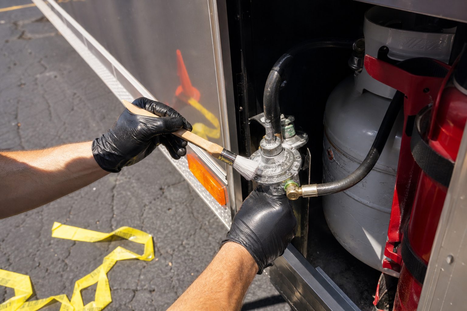 Gloved hands leak testing a propane regulator in the rear cabinet of a food truck