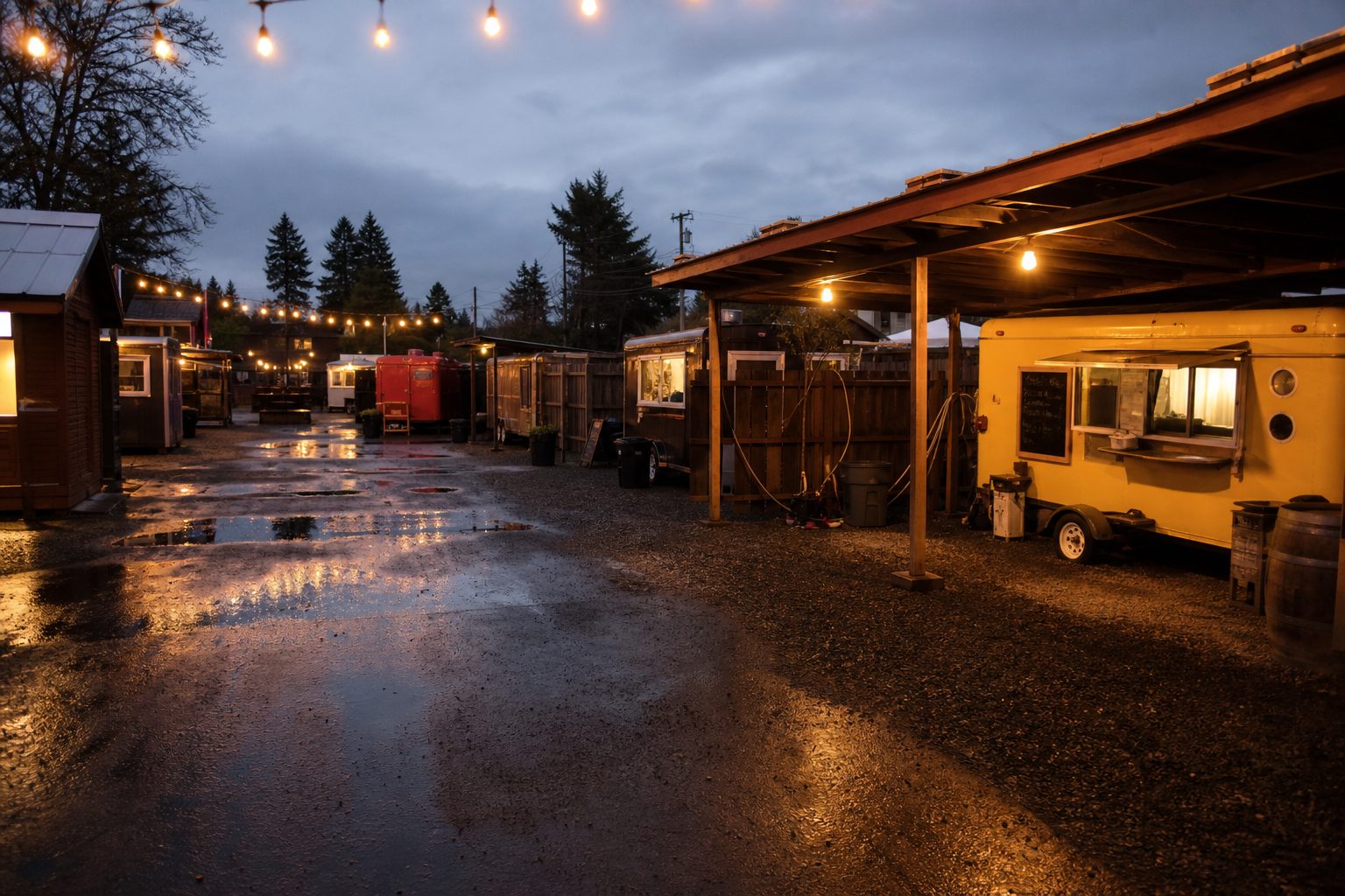 Food carts parked around a covered lot with string lights on a wet Portland evening