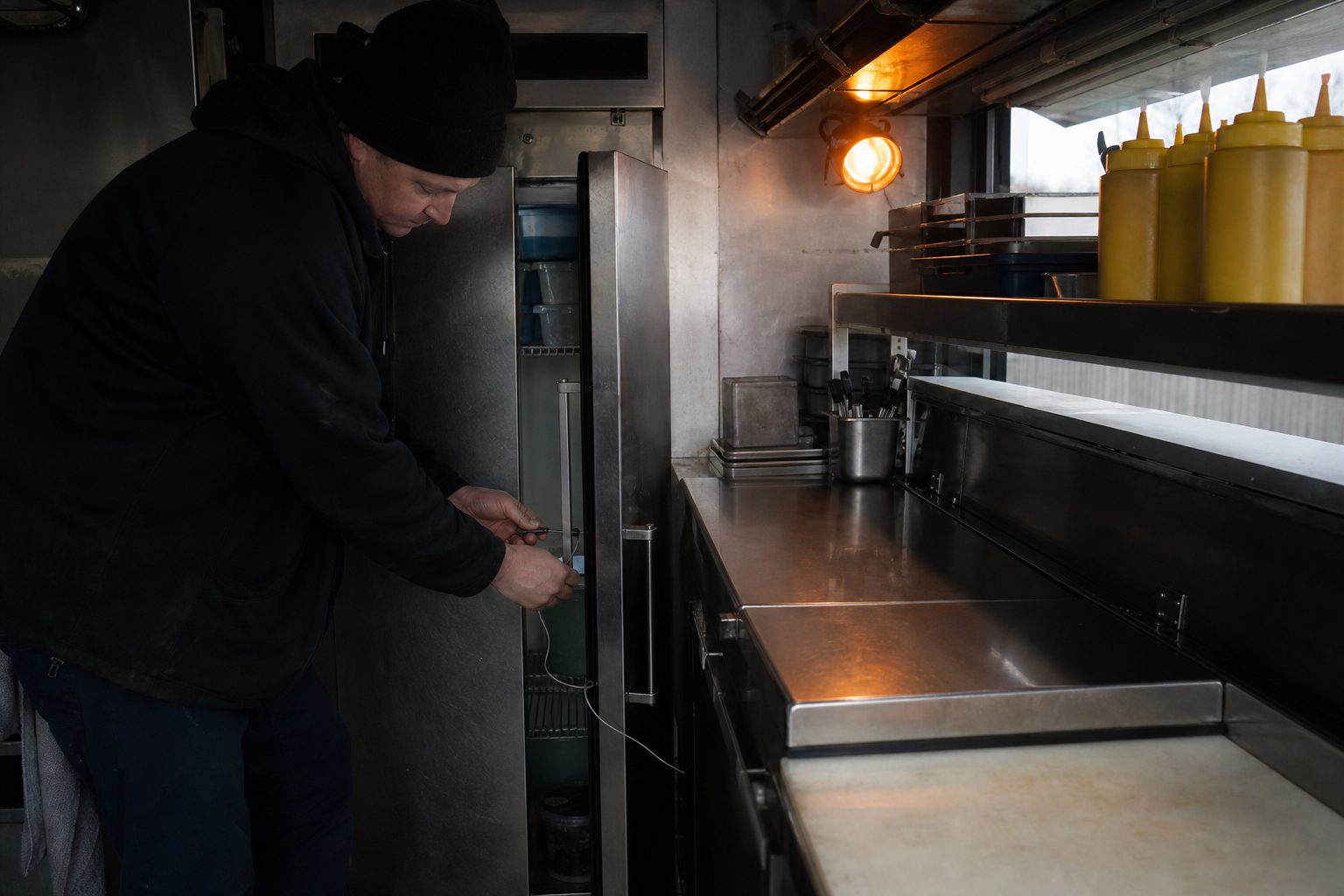 Hands placing a probe thermometer in a cooler inside a mobile kitchen at dawn