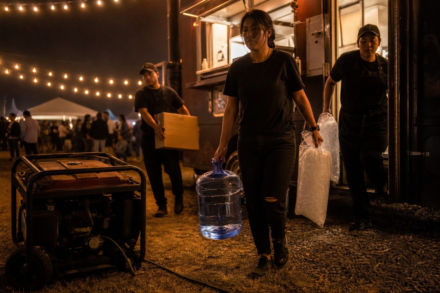 Crew carrying water and ice past a generator beside a food truck at a night festival