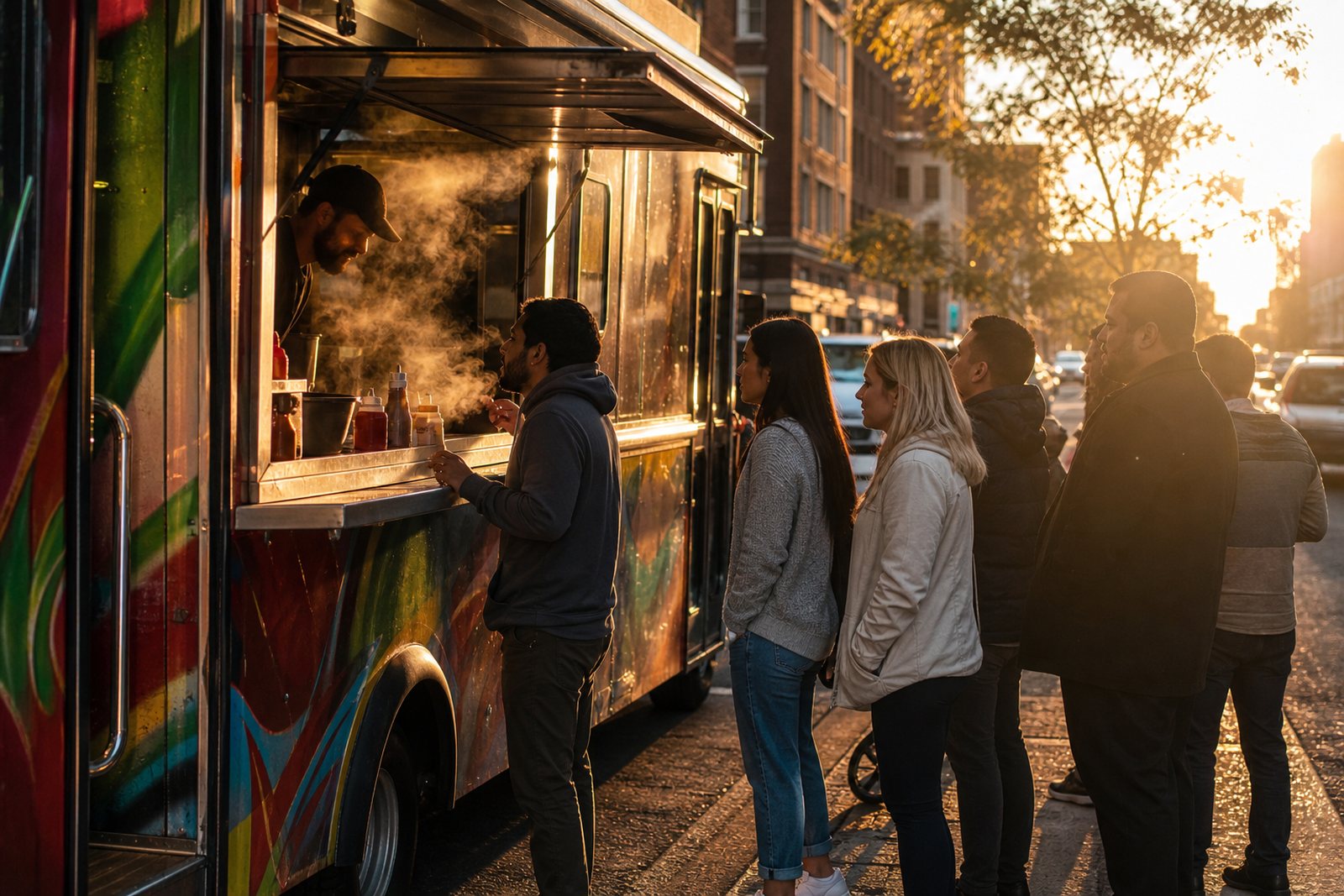 Cooks handing food through the window of a bright food truck to a line of customers on a city street at golden hour